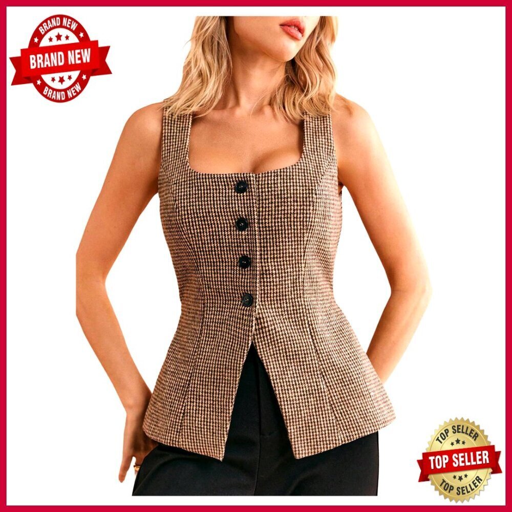 Tweed Blazer Vest Sleeveless Square Neck Business Casual Cardigan Medium